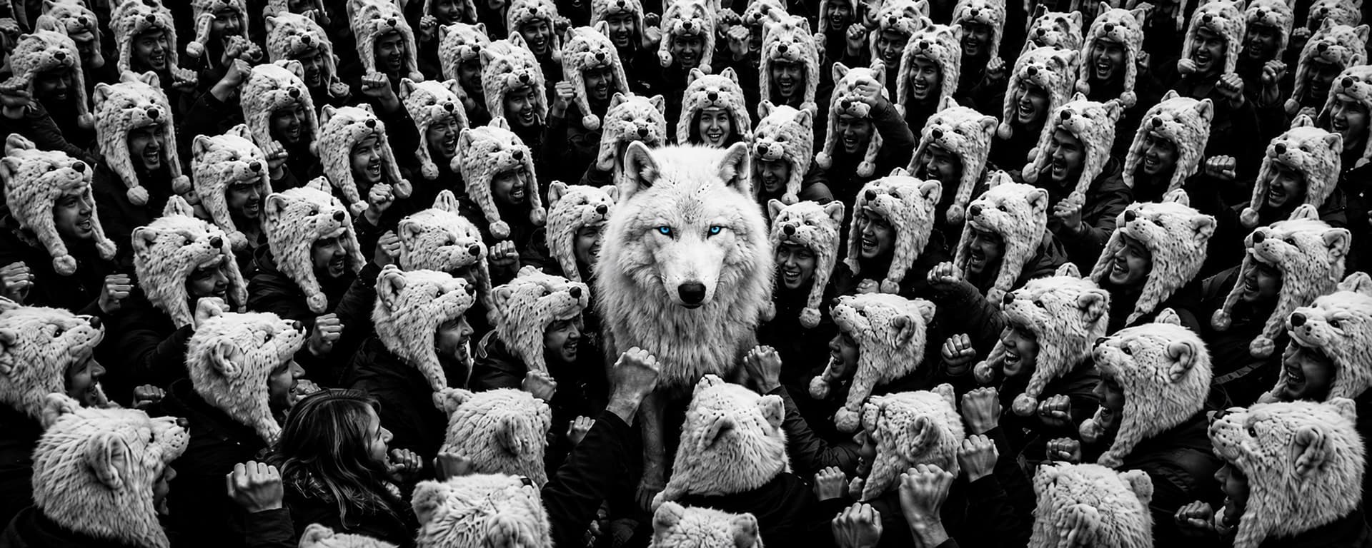 The White Wolf — $WOLF on Base, a wolf among a crowd in wolf hats